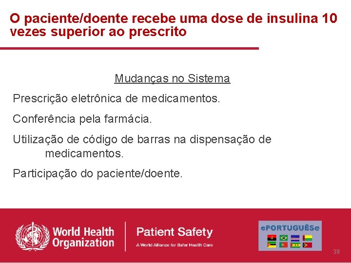 O paciente/doente recebe uma dose de insulina 10 vezes superior ao prescrito Mudanças no O paciente/doente recebe uma dose de insulina 10 vezes superior ao prescrito Mudanças no
