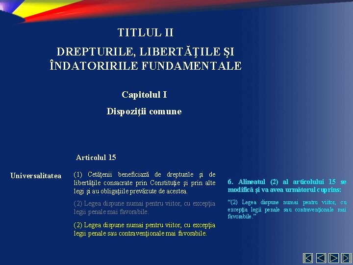 TITLUL II DREPTURILE, LIBERTĂŢILE ŞI ÎNDATORIRILE FUNDAMENTALE Capitolul I Dispoziţii comune Articolul 15 Universalitatea