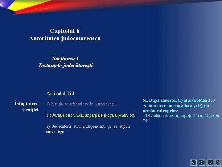 Capitolul 6 Autoritatea judecătorească Secţiunea 1 Instanţele judecătoreşti Articolul 123 Înfăptuirea justiţiei (1) Justiţia