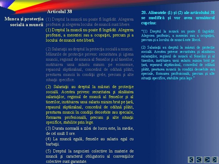 Articolul 38 Munca şi protecţia (1) Dreptul la muncă nu poate fi îngrădit. Alegerea