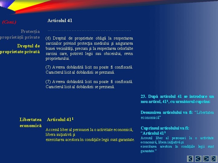 Articolul 41 (Cont. ) Protecţia proprietăţii private Dreptul de proprietate privată ………………………. (6) Dreptul