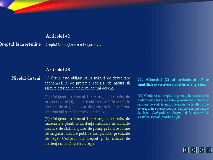 Articolul 42 Dreptul la moştenire este garantat. Articolul 43 Nivelul de trai (1) Statul