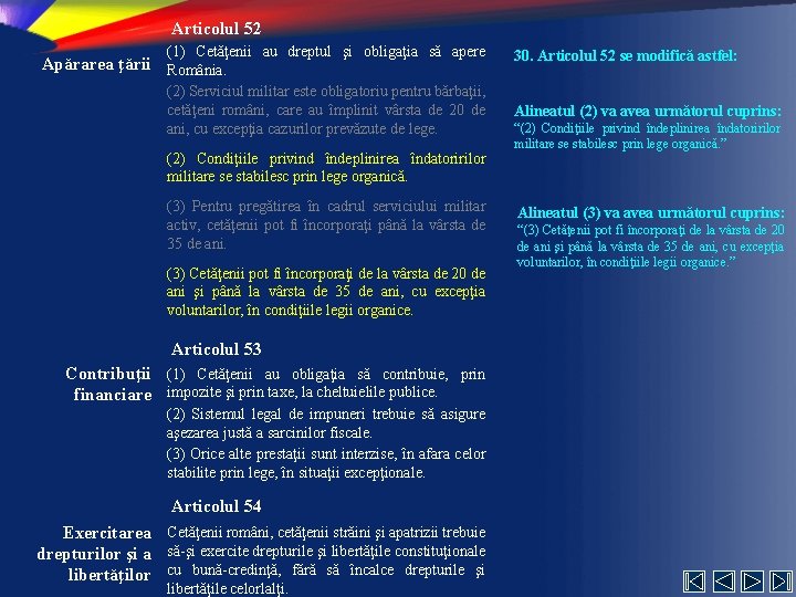 Articolul 52 (1) Cetăţenii au dreptul şi obligaţia să apere 30. Articolul 52 se