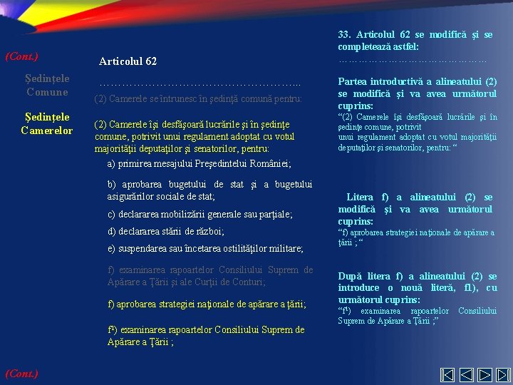 (Cont. ) Şedinţele Comune Şedinţele Camerelor Articolul 62 ………………………. . . (2) Camerele se