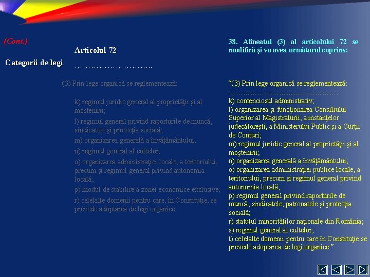 (Cont. ) Articolul 72 Categorii de legi 38. Alineatul (3) al articolului 72 se