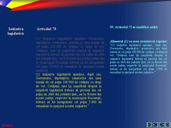 Iniţiativa legislativă Articolul 73 (1) Iniţiativa legislativă aparţine Guvernului, deputaţilor, senatorilor, precum şi unui