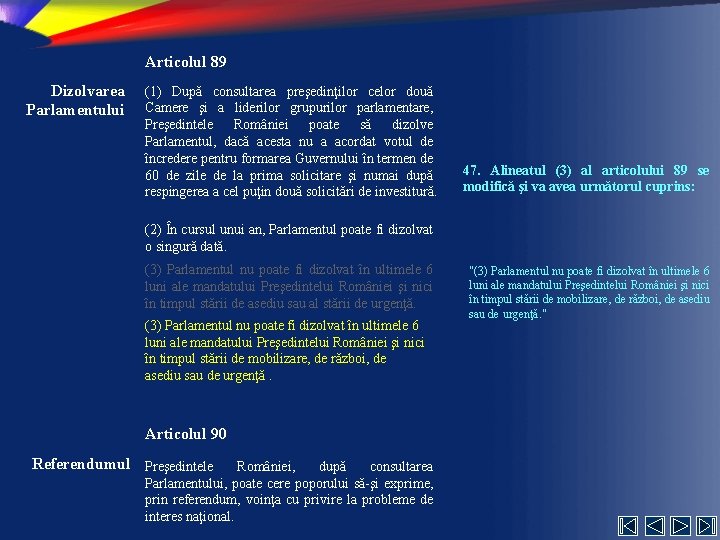 Articolul 89 Dizolvarea Parlamentului (1) După consultarea preşedinţilor celor două Camere şi a liderilor