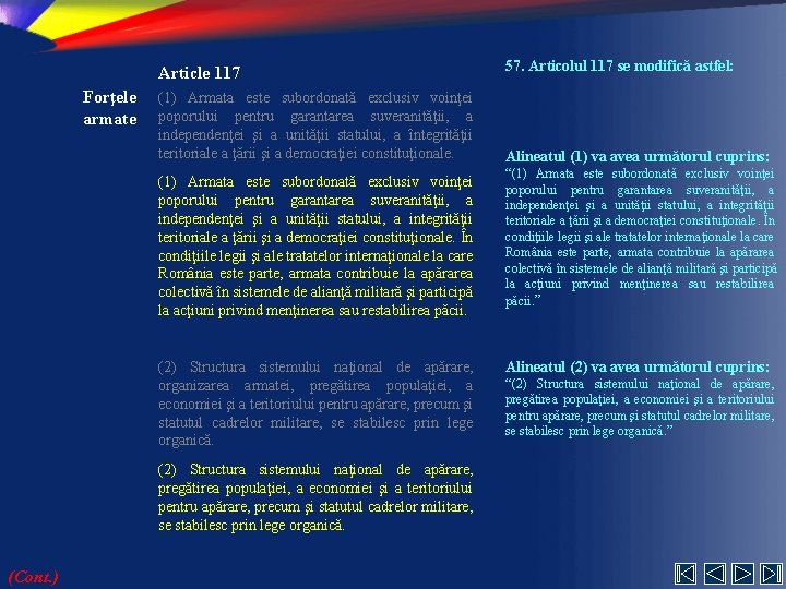 Forţele armate Article 117 57. Articolul 117 se modifică astfel: (1) Armata este subordonată