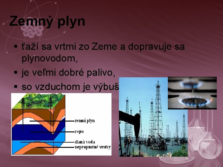 Zemný plyn § ťaží sa vrtmi zo Zeme a dopravuje sa plynovodom, § je