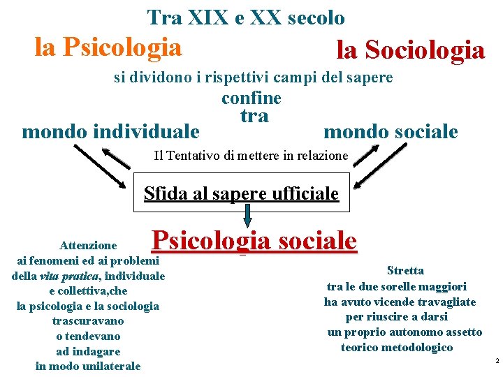 Tra XIX e XX secolo la Psicologia la Sociologia si dividono i rispettivi campi