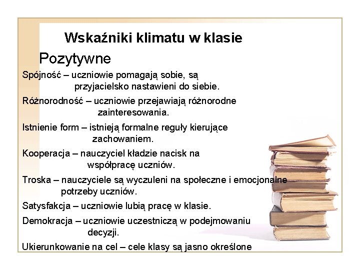 Wskaźniki klimatu w klasie Pozytywne Spójność – uczniowie pomagają sobie, są przyjacielsko nastawieni do