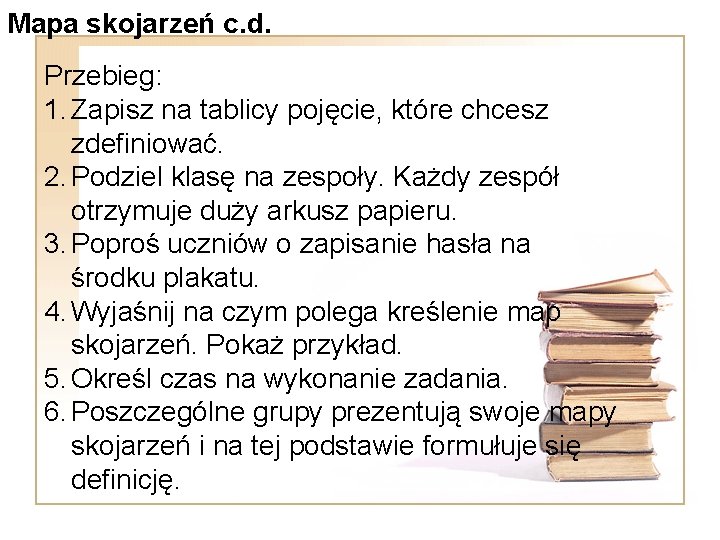 Mapa skojarzeń c. d. Przebieg: 1. Zapisz na tablicy pojęcie, które chcesz zdefiniować. 2. Mapa skojarzeń c. d. Przebieg: 1. Zapisz na tablicy pojęcie, które chcesz zdefiniować. 2.