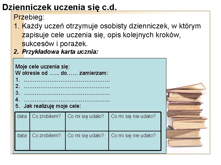 Dzienniczek uczenia się c. d. Przebieg: 1. Każdy uczeń otrzymuje osobisty dzienniczek, w którym Dzienniczek uczenia się c. d. Przebieg: 1. Każdy uczeń otrzymuje osobisty dzienniczek, w którym