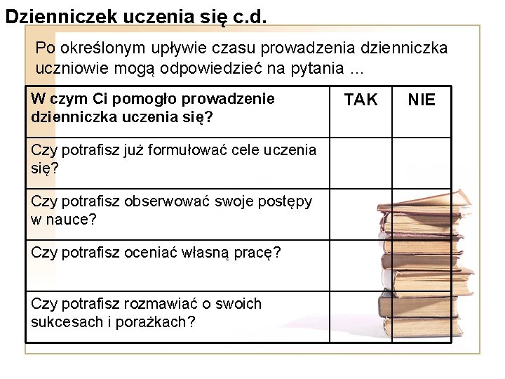 Dzienniczek uczenia się c. d. Po określonym upływie czasu prowadzenia dzienniczka uczniowie mogą odpowiedzieć Dzienniczek uczenia się c. d. Po określonym upływie czasu prowadzenia dzienniczka uczniowie mogą odpowiedzieć