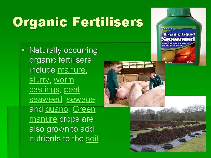 Organic Fertilisers § Naturally occurring organic fertilisers include manure, slurry, worm castings, peat, seaweed,