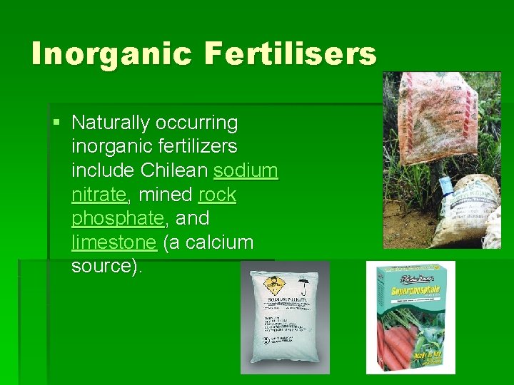 Inorganic Fertilisers § Naturally occurring inorganic fertilizers include Chilean sodium nitrate, mined rock phosphate,