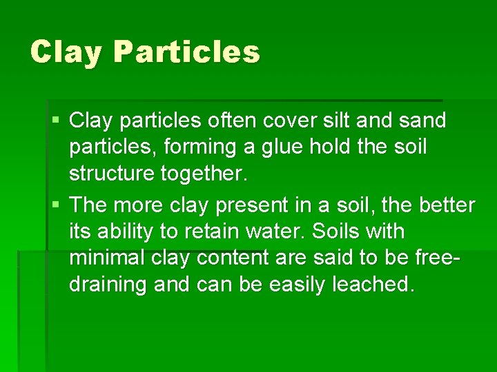 Clay Particles § Clay particles often cover silt and sand particles, forming a glue