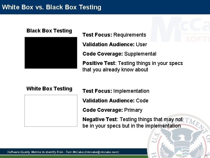 White Box vs. Black Box Testing Test Focus: Requirements Validation Audience: User Code Coverage: White Box vs. Black Box Testing Test Focus: Requirements Validation Audience: User Code Coverage: