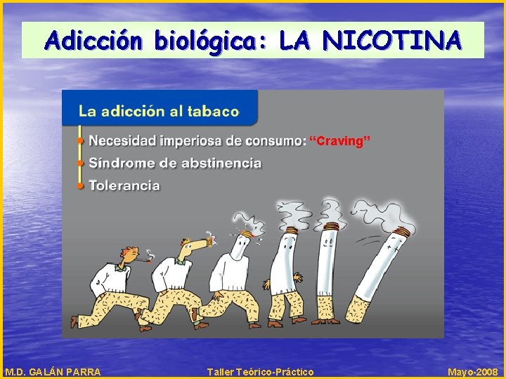 Adicción biológica: LA NICOTINA : “Craving” M. D. GALÁN PARRA Taller Teórico-Práctico Mayo-2008 Adicción biológica: LA NICOTINA : “Craving” M. D. GALÁN PARRA Taller Teórico-Práctico Mayo-2008