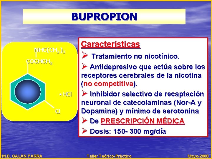 BUPROPION NHC(CH 3 ) 3 COCHCH 3 Ø Tratamiento no nicotínico. Ø Antidepresivo que