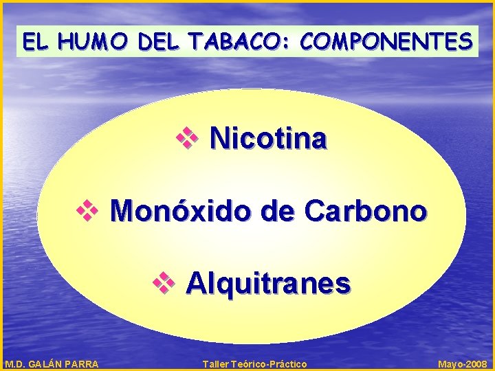 EL HUMO DEL TABACO: COMPONENTES v Nicotina v Monóxido de Carbono v Alquitranes M.