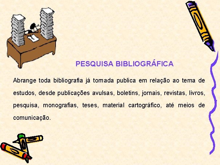 PESQUISA BIBLIOGRÁFICA Abrange toda bibliografia já tornada publica em relação ao tema de estudos,