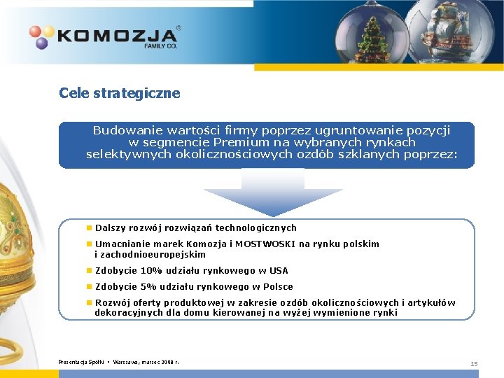 Cele strategiczne Budowanie wartości firmy poprzez ugruntowanie pozycji w segmencie Premium na wybranych rynkach