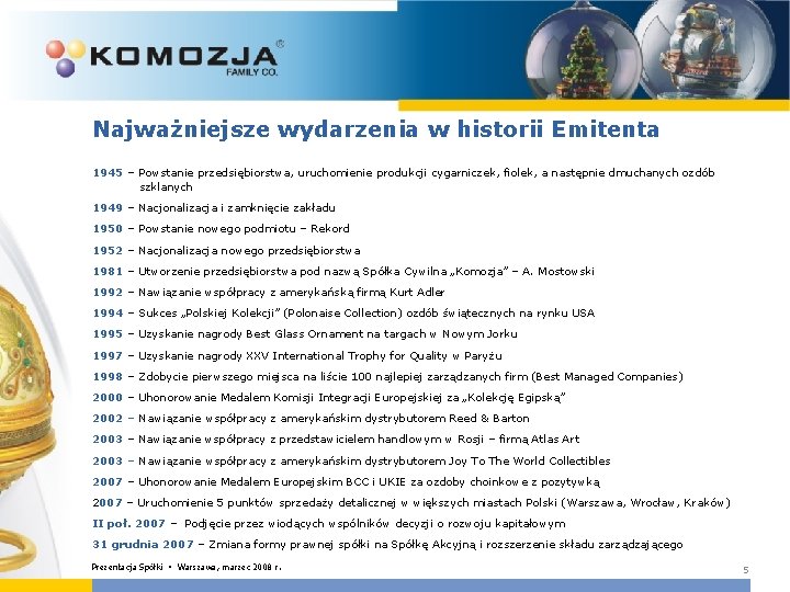 Najważniejsze wydarzenia w historii Emitenta 1945 – Powstanie przedsiębiorstwa, uruchomienie produkcji cygarniczek, fiolek, a