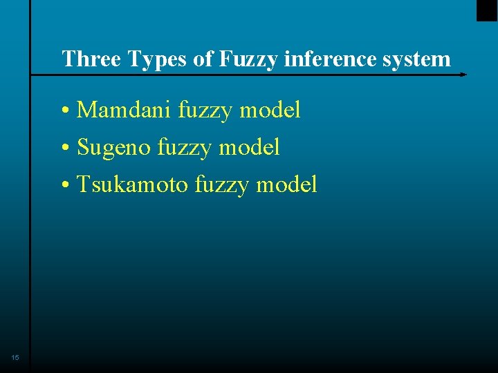 Three Types of Fuzzy inference system • Mamdani fuzzy model • Sugeno fuzzy model