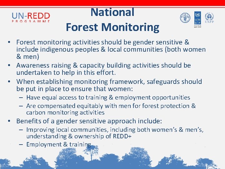 National Forest Monitoring • Forest monitoring activities should be gender sensitive & include indigenous National Forest Monitoring • Forest monitoring activities should be gender sensitive & include indigenous