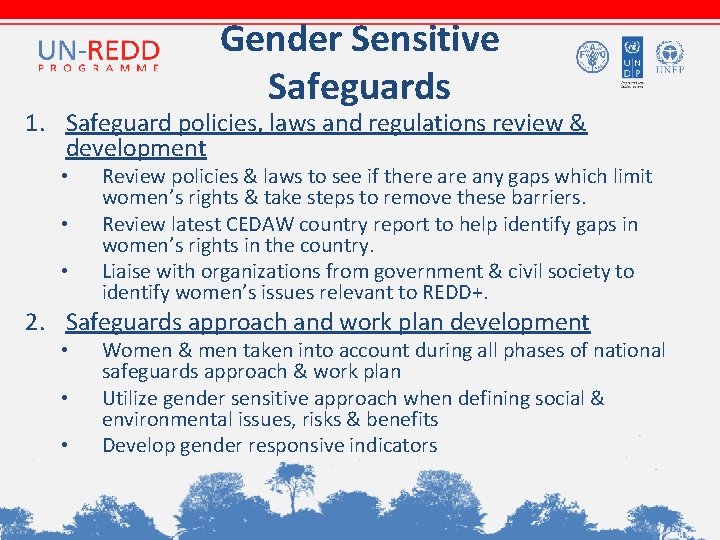 Gender Sensitive Safeguards 1. Safeguard policies, laws and regulations review & development • • Gender Sensitive Safeguards 1. Safeguard policies, laws and regulations review & development • •