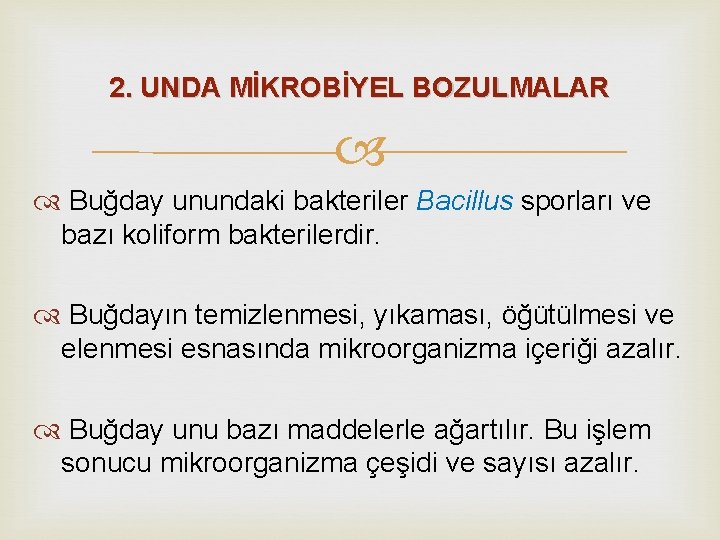 2. UNDA MİKROBİYEL BOZULMALAR Buğday unundaki bakteriler Bacillus sporları ve bazı koliform bakterilerdir. Buğdayın