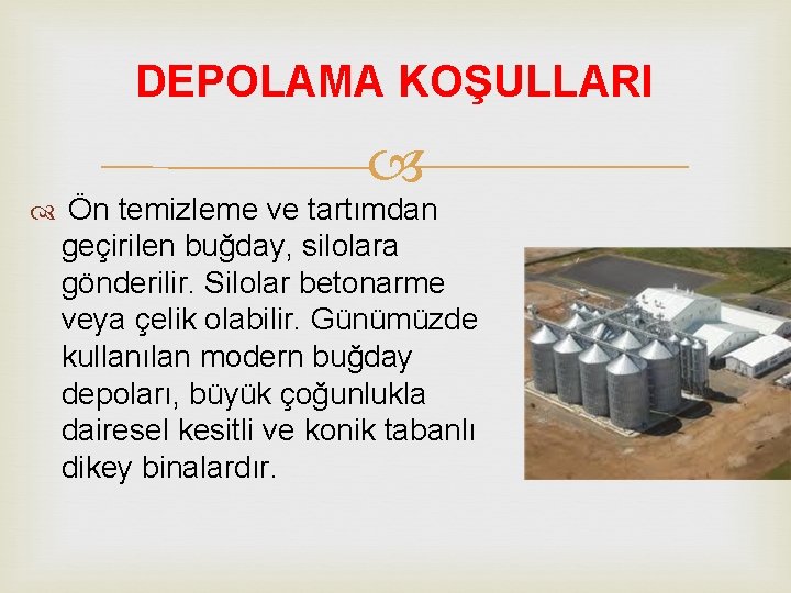 DEPOLAMA KOŞULLARI Ön temizleme ve tartımdan geçirilen buğday, silolara gönderilir. Silolar betonarme veya çelik