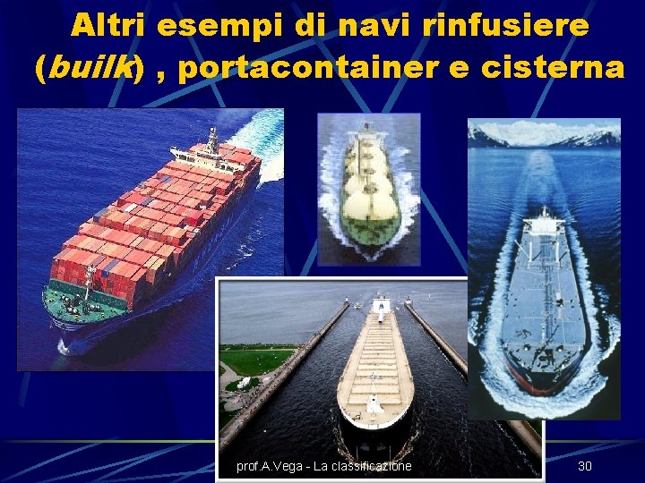 Altri esempi di navi rinfusiere (builk) , portacontainer e cisterna prof. A. Vega -