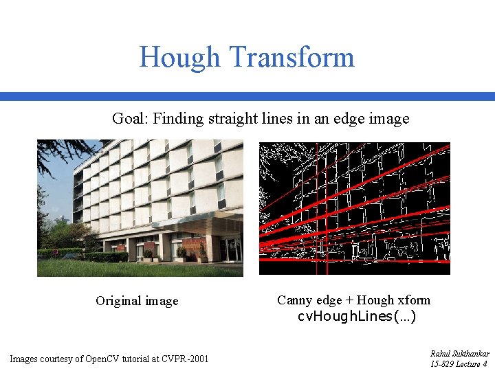 Hough Transform Goal: Finding straight lines in an edge image Original image Images courtesy