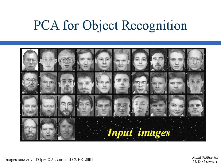 PCA for Object Recognition Images courtesy of Open. CV tutorial at CVPR-2001 Rahul Sukthankar