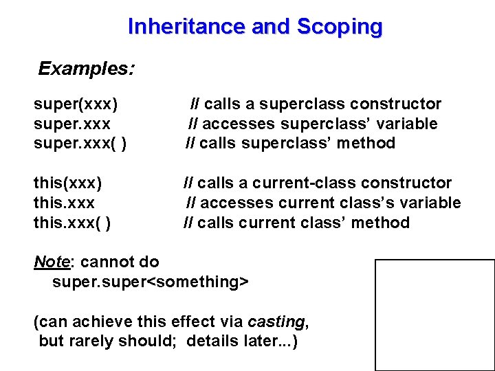 Inheritance and Scoping Examples: super(xxx) super. xxx( ) // calls a superclass constructor // Inheritance and Scoping Examples: super(xxx) super. xxx( ) // calls a superclass constructor //
