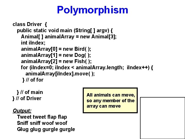 Polymorphism class Driver { public static void main (String[ ] argv) { Animal[ ]