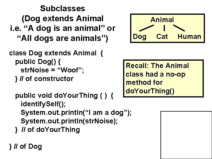 Subclasses (Dog extends Animal i. e. “A dog is an animal” or “All dogs