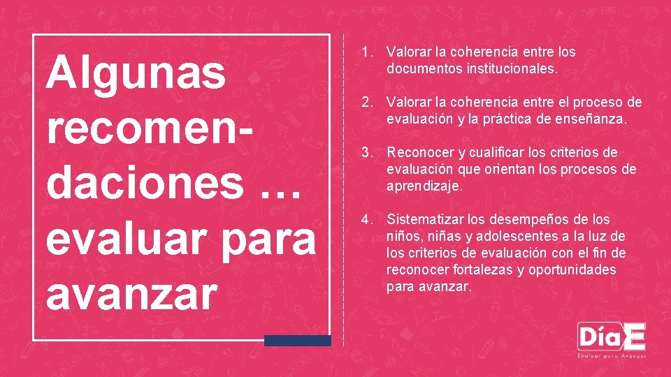 Algunas recomendaciones … evaluar para avanzar 1. Valorar la coherencia entre los documentos institucionales.