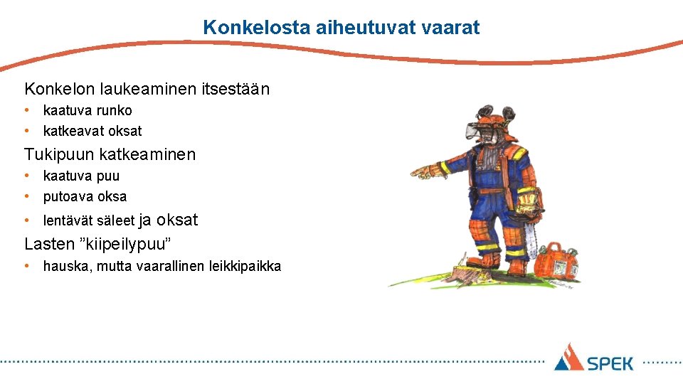 Konkelosta aiheutuvat vaarat Konkelon laukeaminen itsestään • kaatuva runko • katkeavat oksat Tukipuun katkeaminen