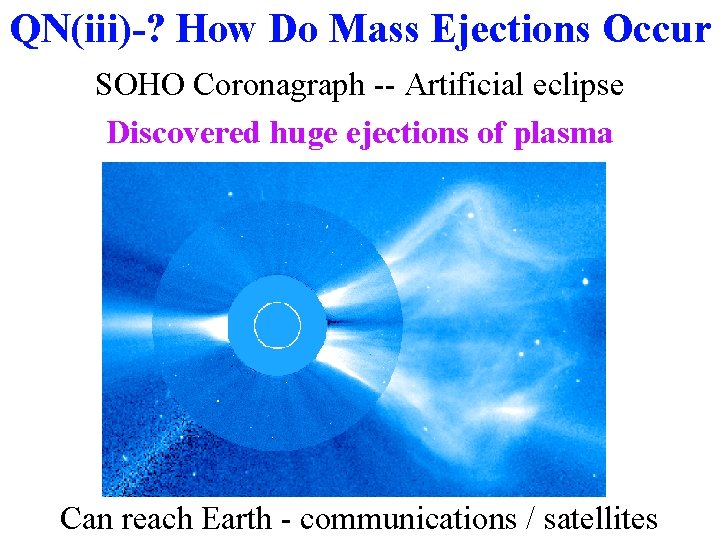 QN(iii)-? How Do Mass Ejections Occur SOHO Coronagraph -- Artificial eclipse Discovered huge ejections