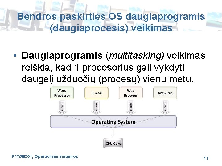 Bendros paskirties OS daugiaprogramis (daugiaprocesis) veikimas • Daugiaprogramis (multitasking) veikimas reiškia, kad 1 procesorius