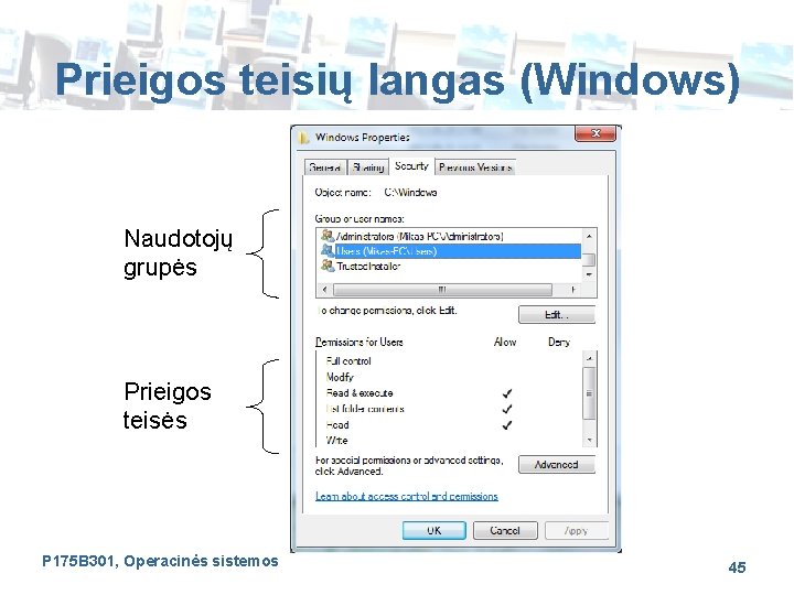 Prieigos teisių langas (Windows) Naudotojų grupės Prieigos teisės P 175 B 301, Operacinės sistemos