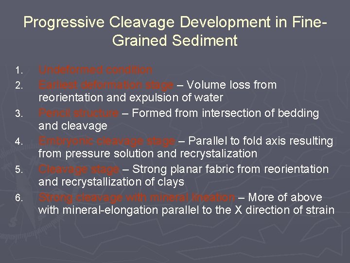 Progressive Cleavage Development in Fine. Grained Sediment 1. 2. 3. 4. 5. 6. Undeformed