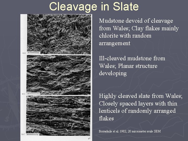 Cleavage in Slate Mudstone devoid of cleavage from Wales; Clay flakes mainly chlorite with