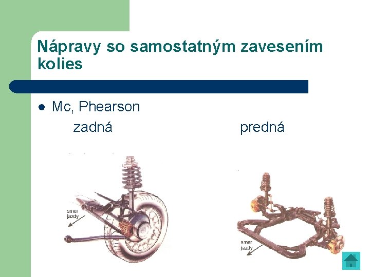 Nápravy so samostatným zavesením kolies l Mc, Phearson zadná predná 