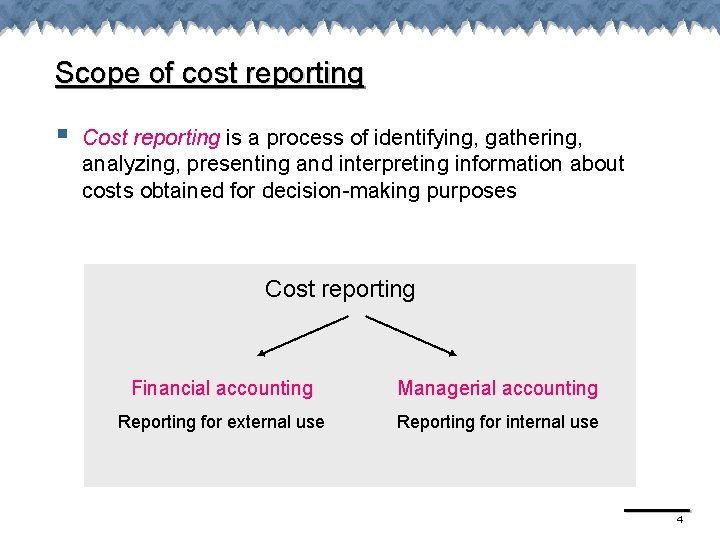 Scope of cost reporting § Cost reporting is a process of identifying, gathering, analyzing,