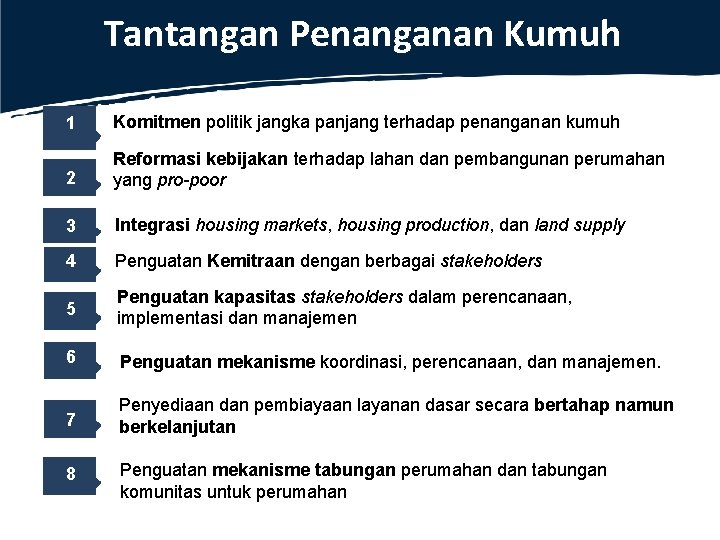 Tantangan Penanganan Kumuh 1 Komitmen politik jangka panjang terhadap penanganan kumuh 2 Reformasi kebijakan