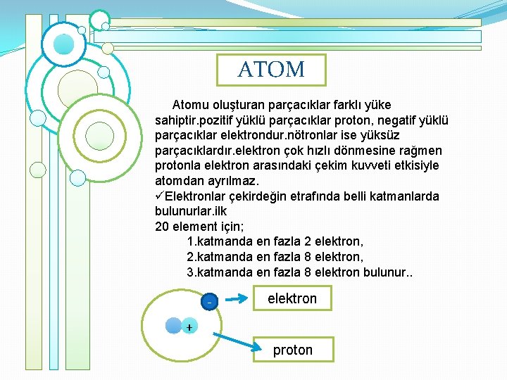 ATOM Atomu oluşturan parçacıklar farklı yüke sahiptir. pozitif yüklü parçacıklar proton, negatif yüklü parçacıklar